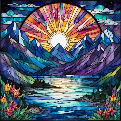 glass painting,tapestry,summer solstice,mountain sunrise,stained glass,stained glass window,3-fold sun,spring equinox,layer of the sun,kaleidoscope art,vermilion lakes,stained glass pattern,fabric painting,pachamama,boho art,solstice,lake mcdonald,sun moon,hippie fabric,psychedelic art,Illustration,Vector,Vector 16