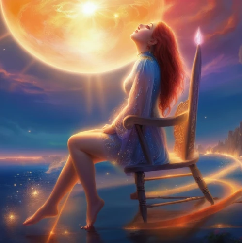 fantasy picture,blue moon rose,sun moon,summer solstice,world digital painting,starfire,fantasy art,summersun,sun,celestial body,mercury transit,skywatch,summer evening,starlight,daybreak,cassiopeia,stargazing,sol,beach moonflower,astronomy,Illustration,Realistic Fantasy,Realistic Fantasy 01