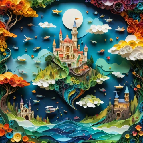 shanghai disney,fairy tale castle,3d fantasy,fairytale castle,sea fantasy,fantasy world,fairy world,tokyo disneyland,jigsaw puzzle,fairy tale icons,saint basil's cathedral,fantasy city,mushroom landscape,disney castle,rainbow world map,dream world,disneyland park,tokyo disneysea,fairy tale,children's fairy tale,Illustration,American Style,American Style 01