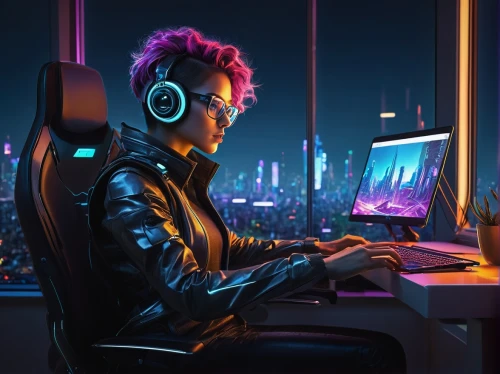 cyberpunk,man with a computer,dj,night administrator,gamer,lan,neon human resources,computer addiction,gamer zone,computer freak,cyber,computer business,connectcompetition,computer game,girl at the computer,gaming,pc,coder,cyber glasses,music background,Illustration,Realistic Fantasy,Realistic Fantasy 18