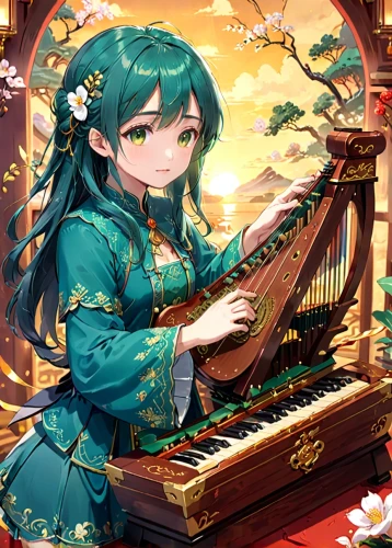 pianist,iris on piano,piano,harp with flowers,harp player,hatsune miku,jazz pianist,piano lesson,harpsichord,piano player,concerto for piano,bamboo flute,piano keyboard,play piano,angel playing the harp,ancient harp,pianet,musician,keyboard instrument,musical background,Anime,Anime,Traditional
