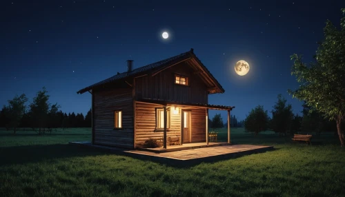 small cabin,small house,miniature house,wooden hut,little house,wooden house,lonely house,night scene,moonlit night,wooden sauna,night image,outhouse,inverted cottage,log cabin,moon and star background,cabin,home landscape,fireflies,houses clipart,night light,Photography,General,Realistic