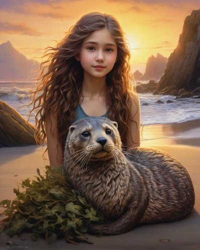 a young sea lion,otter,fur seal,sea lion,moana,gray seal,hedgehog child,world digital painting,fantasy picture,seal,fantasy portrait,fantasy art,marine mammal,california sea lion,sea otter,seals,otter baby,otters,north american river otter,girl with a dolphin,Illustration,Realistic Fantasy,Realistic Fantasy 34