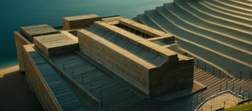egyptian temple,tilt shift,wooden construction,water stairs,temple of poseidon,winding steps,isometric,step pyramid,wooden pier,dock,3d render,3d rendering,sydney opera,docks,scale model,wooden stairs,wooden mockup,japanese architecture,kings landing,the ark,Photography,General,Natural