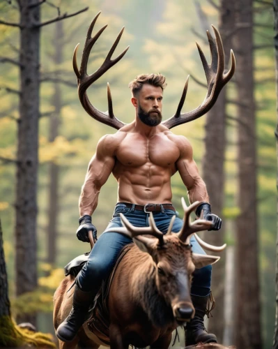 lumberjack,elk bull,farmer in the woods,nature and man,elk,deer bull,stag,manchurian stag,woodsman,barbarian,wolverine,forest animal,forest man,moose,minotaur,buck antlers,macho,buffalo plaid antlers,body-building,animals hunting,Unique,3D,Panoramic