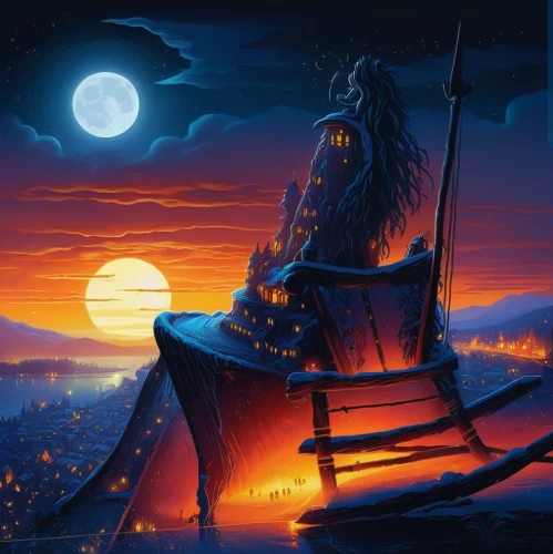 fantasy picture,throne,night scene,night watch,the throne,fantasy art,the night of kupala,thrones,horse-rocking chair,moonlit night,romantic night,light of night,chair png,sci fiction illustration,hanging moon,queen of the night,halloween background,romantic scene,background image,celtic harp,Illustration,Realistic Fantasy,Realistic Fantasy 25