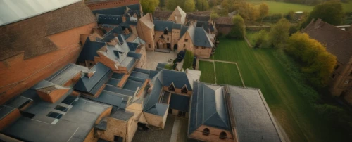 maulbronn monastery,hogwarts,tilt shift,house roofs,view from above,zamek malbork,roofs,bird's-eye view,medieval architecture,from above,castle tremsbüttel,aerial shot,medieval,luneburg,3d rendering,bird's eye view,aerial view,turrets,aerial landscape,roof landscape,Photography,General,Cinematic