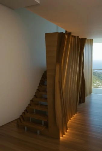 wooden stair railing,room divider,3d rendering,wooden stairs,bamboo curtain,modern room,outside staircase,daylighting,interior modern design,winding staircase,render,wooden wall,wooden beams,sky apartment,staircase,penthouse apartment,hallway space,contemporary decor,modern decor,stairwell,Photography,General,Realistic