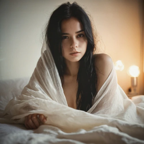 girl in bed,woman on bed,girl in cloth,nightgown,blanket,young woman,woman portrait,bed sheet,the girl in nightie,depressed woman,sheets,bed,duvet,brunette with gift,romantic portrait,relaxed young girl,veil,girl with cloth,mystical portrait of a girl,moody portrait,Photography,Documentary Photography,Documentary Photography 03