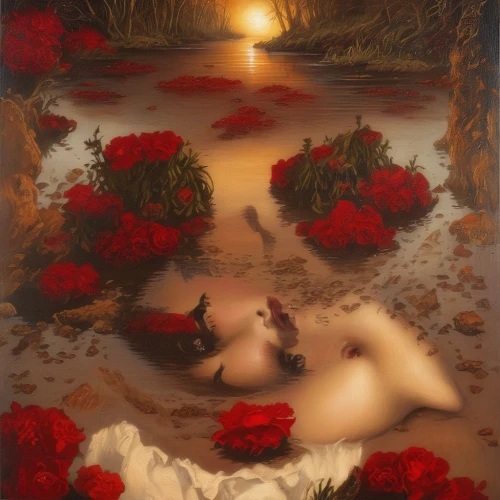 the sleeping rose,secret garden of venus,way of the roses,narcissus,garden of eden,scent of roses,fallen petals,landscape rose,narcissus of the poets,idyll,red roses,bibernell rose,sun roses,sleeping rose,with roses,fantasy picture,rose petals,the blonde in the river,girl lying on the grass,bathing,Illustration,Realistic Fantasy,Realistic Fantasy 10