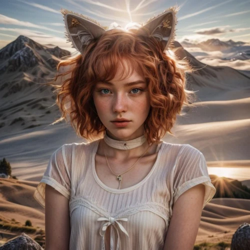 fantasy portrait,girl on the dune,mystical portrait of a girl,sand fox,fantasy picture,desert fox,photomanipulation,photo manipulation,cat ears,ginger cat,world digital painting,lynx,fantasy art,feline,kat,photoshop manipulation,lion - feline,feline look,lioness,desert flower