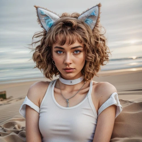 cat ears,sand fox,puma,kat,fierce,feline look,beach background,bali,wild cat,ox,mammal,feline,cat eyes,wildcat,white bow,paloma,catarina,bow,avatar,lioness