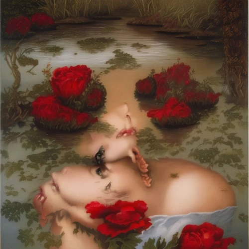the sleeping rose,sleeping rose,scent of roses,secret garden of venus,red roses,narcissus of the poets,narcissus,way of the roses,wild roses,landscape rose,fallen petals,rose sleeping apple,girl lying on the grass,rosebushes,idyll,red rose,the blonde in the river,lotus hearts,with roses,water rose,Illustration,Realistic Fantasy,Realistic Fantasy 10