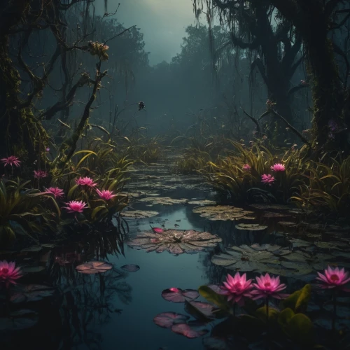 fairy forest,water lilies,waterlily,pink water lilies,water lotus,pond flower,fairy world,lotuses,lily pond,bayou,lotus pond,lily pads,lotus on pond,forest floor,swamp,lotus flowers,fairytale forest,water lily,flower water,elven forest,Photography,General,Fantasy