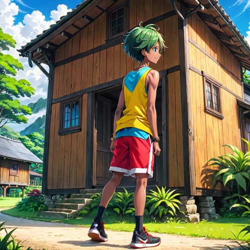 studio ghibli,2d,killua hunter x,anime japanese clothing,my hero academia,green summer,killua,dandelion hall,anime 3d,lonely house,wooden house,anime boy,grass roof,anime cartoon,bastion,thatch,green living,house pineapple,determination,little house,Anime,Anime,General