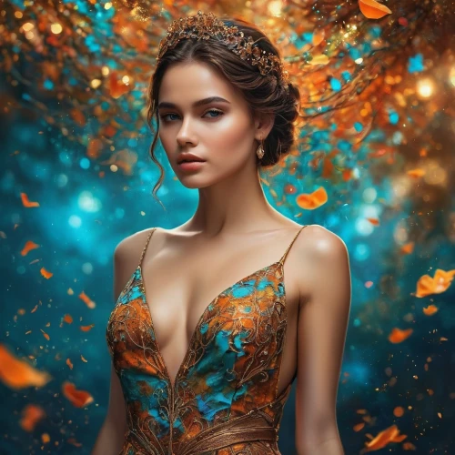 fantasy portrait,golden flowers,fantasy art,fairy peacock,mystical portrait of a girl,romantic portrait,fairy queen,enchanting,fantasy picture,faerie,beautiful girl with flowers,faery,golden autumn,fantasy woman,autumn gold,portrait background,autumn background,katniss,golden crown,girl in a wreath,Photography,General,Commercial
