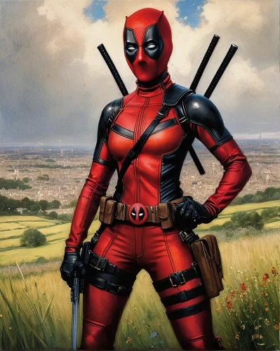 deadpool,dead pool,red hood,two-point-ladybug,red super hero,hedge trimmer,ladybird,chimichanga,costume design,huntress,lady bug,harley,digital compositing,window cleaner,cg artwork,ranger,red arrow,raphael,wall,crime fighting,Art,Classical Oil Painting,Classical Oil Painting 13