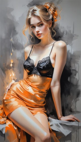 orange scent,art painting,orange,painted lady,fashion illustration,orange blossom,world digital painting,femininity,orange color,girl in cloth,orange rose,oil painting,italian painter,photo painting,oil painting on canvas,fabric painting,bright orange,smoking girl,woman sitting,painter,Illustration,Paper based,Paper Based 11