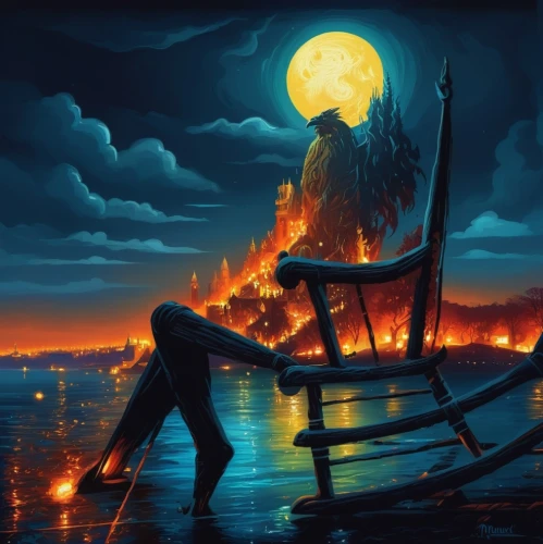 burned pier,fire background,lake of fire,campfire,bonfire,the night of kupala,fantasy picture,fire artist,burning man,fire dancer,burning torch,fire and water,light of night,burned out,the conflagration,fantasy art,burning earth,walpurgis night,fire dance,romantic night,Illustration,Realistic Fantasy,Realistic Fantasy 25