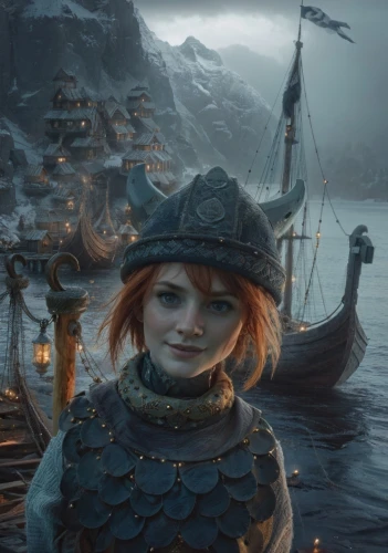 the sea maid,fantasy portrait,nora,celtic queen,pirate,girl on the boat,gara,dwarf sundheim,shipwreck,scarlet sail,rusalka,viking,venetia,nami,vada,brig,joan of arc,girl on the river,seafaring,custom portrait