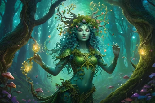 dryad,the enchantress,faerie,elven forest,elven flower,druid,faery,fae,rusalka,fantasy portrait,druid grove,anahata,fairy forest,flora,blue enchantress,sorceress,mother earth,fantasy art,mother nature,tree crown,Illustration,Abstract Fantasy,Abstract Fantasy 21
