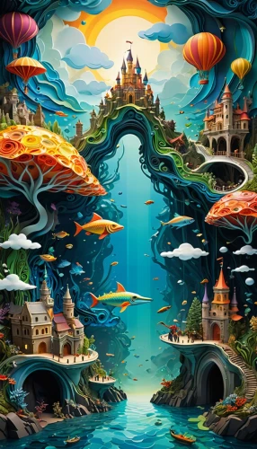 fantasy world,3d fantasy,fantasy landscape,fairy world,underwater landscape,mushroom landscape,fantasy city,fantasy art,mushroom island,fantasy picture,sea fantasy,underwater playground,wonderland,dream world,underwater world,fairy village,underwater oasis,atlantis,alice in wonderland,elves flight,Illustration,American Style,American Style 01