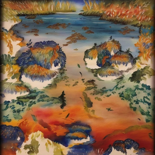 koi pond,kimono fabric,japanese art,chinese art,oriental painting,rice paper,felted and stitched,river landscape,lotus pond,tapestry,japan landscape,salt meadow landscape,khokhloma painting,glass painting,chinese clouds,fabric painting,felted,underwater landscape,autumn landscape,fish pond,Conceptual Art,Daily,Daily 34