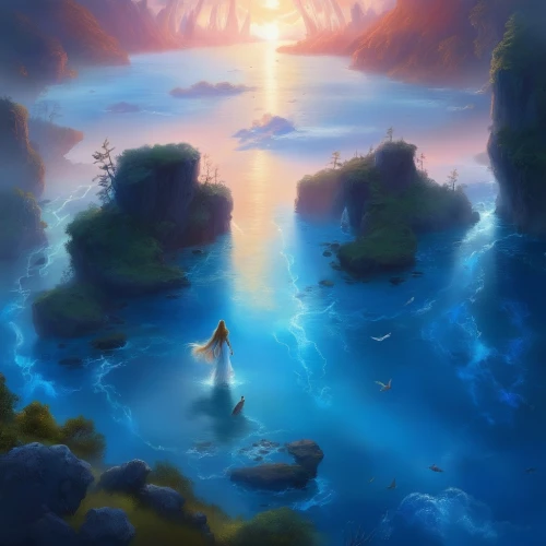 mermaid background,fantasy landscape,the endless sea,dolphin background,ocean background,underwater landscape,god of the sea,fantasy picture,underwater background,sea landscape,world digital painting,ocean paradise,underwater oasis,exploration of the sea,bird kingdom,fantasia,ocean,adrift,sea,sea of clouds,Illustration,Realistic Fantasy,Realistic Fantasy 01