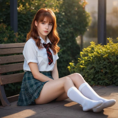 schoolgirl,school skirt,mikuru asahina,knee-high socks,sitting,sitting on a chair,park bench,sakura,school uniform,bench,girl sitting,jin deui,white boots,japanese idol,honmei choco,asuka langley soryu,euphonium,crossed legs,red bench,cross-legged,Photography,Documentary Photography,Documentary Photography 09