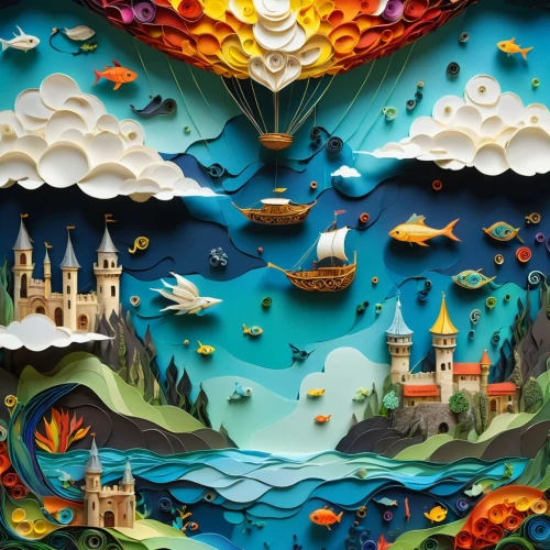 hot-air-balloon-valley-sky,shanghai disney,3d fantasy,paper art,tokyo disneyland,hot air balloons,fairy tale icons,disneyland park,mushroom landscape,saint basil's cathedral,gaudí,fantasy world,sea fantasy,fantasy city,rainbow world map,origami paper,jigsaw puzzle,fairy tale castle,underwater playground,tokyo disneysea,Illustration,American Style,American Style 01