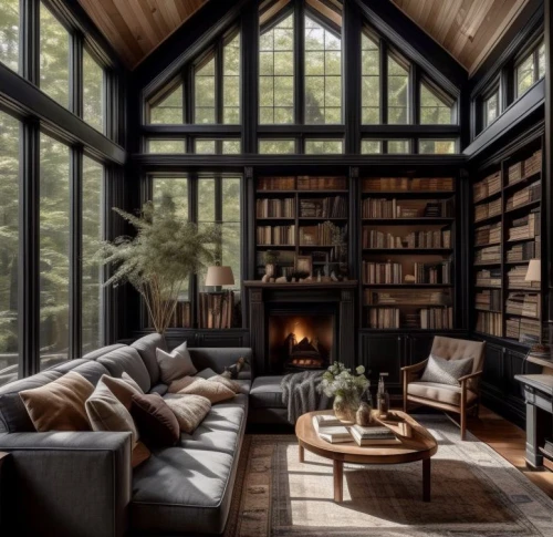 bookshelves,reading room,living room,livingroom,book wall,the cabin in the mountains,wooden beams,sitting room,bookcase,beautiful home,great room,fire place,wooden windows,family room,loft,interior design,modern living room,wood window,log home,bookshelf