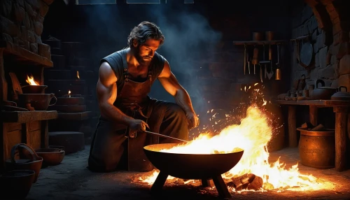 blacksmith,tinsmith,candlemaker,dwarf cookin,smelting,metalsmith,fire artist,fire master,cooking pot,metallurgy,hearth,charcoal kiln,iron-pour,tandoor,girl in the kitchen,potter's wheel,cauldron,forge,wood-burning stove,steelworker,Illustration,Realistic Fantasy,Realistic Fantasy 35