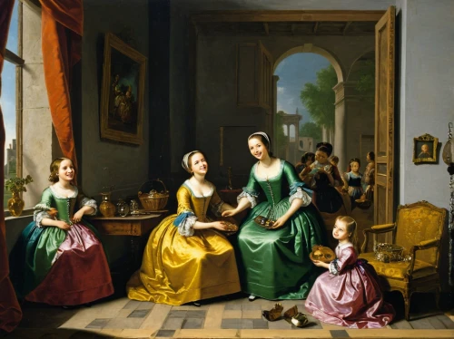 young women,partiture,women at cafe,mother with children,bougereau,mulberry family,children studying,the long-hair cutter,ladies group,rococo,louvre,paintings,woman holding pie,courtship,the little girl's room,painting,women's clothing,doll's house,franz winterhalter,two girls,Art,Classical Oil Painting,Classical Oil Painting 25