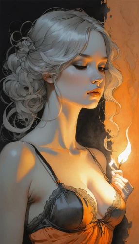 fire artist,fire-eater,flame spirit,fire siren,fantasy portrait,fire eater,burning candle,sorceress,flame of fire,fire angel,burning hair,fiery,candlemaker,smouldering torches,fire dancer,burning torch,fantasy art,smoking girl,burning candles,candlelight,Illustration,Realistic Fantasy,Realistic Fantasy 04