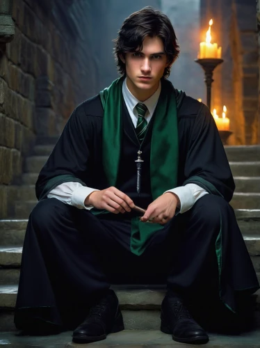 hogwarts,scholar,harry potter,potter,albus,cosplay image,kneel,composites,academic dress,wizardry,candle wick,senior photos,academic,fictional character,wand,kneeling,smouldering torches,graduate,professor,gothic portrait,Illustration,American Style,American Style 07