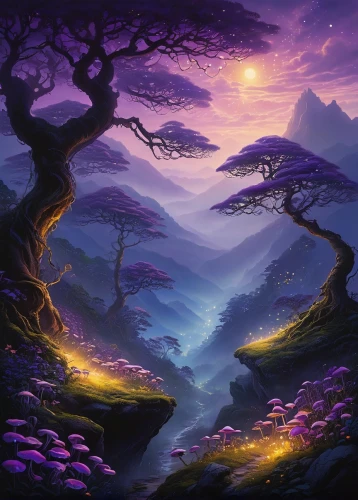 purple landscape,fantasy landscape,mushroom landscape,elven forest,fairy forest,purple wallpaper,fantasy picture,forest landscape,landscape background,druid grove,dusk background,cartoon video game background,dusk,mountain landscape,fairy world,fairytale forest,jacaranda,magic tree,tree grove,mountain sunrise,Illustration,Realistic Fantasy,Realistic Fantasy 08