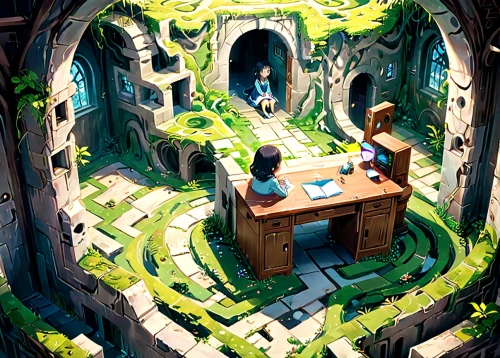 3d fantasy,fantasy art,game illustration,sci fiction illustration,terrarium,fantasy picture,labyrinth,tree house,study room,fractal environment,apothecary,fractals art,studio ghibli,treehouse,creative office,dandelion hall,maze,fairy village,gnomes at table,ancient house,Anime,Anime,Traditional