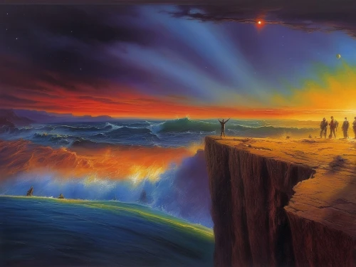 rainbow bridge,fantasy picture,the twelve apostles,fantasy landscape,celestial phenomenon,heaven gate,coastal landscape,atmospheric phenomenon,meteorological phenomenon,geological phenomenon,cliffs ocean,northen light,fantasy art,seascape,landscape background,sea landscape,oil painting on canvas,surrealism,pillars of creation,aurora australis,Illustration,Realistic Fantasy,Realistic Fantasy 32