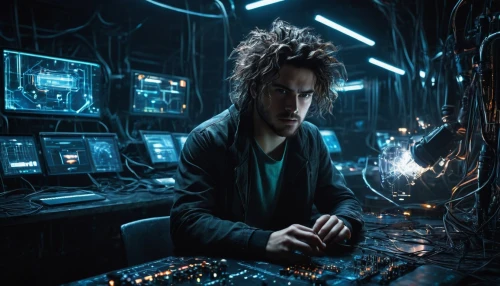 dj,electro,man with a computer,cyberpunk,electronic music,oscillator,synthesizer,transistor checking,circuitry,old elektrolok,clockmaker,trip computer,cyclocomputer,electronic market,electronic,computer art,connections,projectionist,computer,cybernetics,Illustration,Realistic Fantasy,Realistic Fantasy 29
