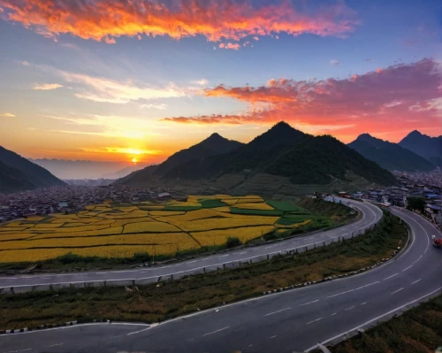 the valley of flowers,ha giang,mountainous landscape,shaanxi province,mountain sunrise,guizhou,qinghai,beautiful landscape,mount scenery,mountain highway,mountain landscape,yunnan,guilin,panoramic landscape,winding roads,taiwan,yellow mountains,landscape background,vietnam,da nang,Illustration,Realistic Fantasy,Realistic Fantasy 06