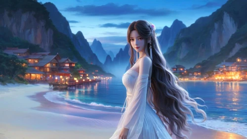 oriental longhair,chinese art,fantasy picture,oriental princess,girl in a long dress,mulan,jasmine,the sea maid,ao dai,mermaid background,fragrant snow sea,jasmine blossom,rapunzel,huashan,fantasy art,landscape background,the wind from the sea,asian semi-longhair,the night of kupala,chinese background