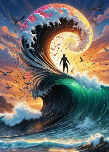 tsunami,tidal wave,big wave,god of the sea,japanese waves,surfers,wind wave,the wind from the sea,kite boarder wallpaper,surfing,poseidon,wave pattern,waves,ocean waves,big waves,surfer,el mar,world digital painting,wave motion,fantasy picture,Illustration,Abstract Fantasy,Abstract Fantasy 23