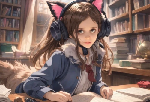 girl studying,tutor,kitsune,child fox,librarian,cat ears,scholar,fennec,reading,bookworm,study,azusa nakano k-on,cute fox,tutoring,domestic long-haired cat,nyan,long-eared,adorable fox,cat kawaii,to study,Digital Art,Anime