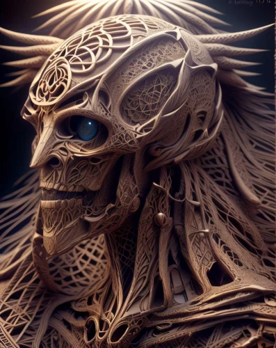 biomechanical,fractalius,wooden mask,mandelbulb,wood carving,wood skeleton,carved wood,alien warrior,carved,skull sculpture,golden mask,vanitas,sculpt,gorgon,gold mask,skull mask,fantasy art,filigree,shaman,dark art