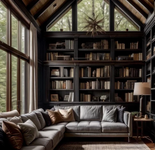 book wall,bookshelves,bookcase,reading room,bookshelf,wooden beams,wood window,the cabin in the mountains,wooden windows,wooden shelf,livingroom,interior design,shelving,great room,living room,log home,rustic,modern decor,sitting room,window treatment