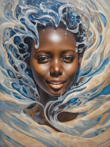 oil painting on canvas,african art,african woman,oil on canvas,water nymph,oil painting,flowing water,benin,african american woman,mother earth,chalk drawing,water waves,mystical portrait of a girl,rwanda,surface tension,nigeria woman,art painting,water flow,african,bodypainting