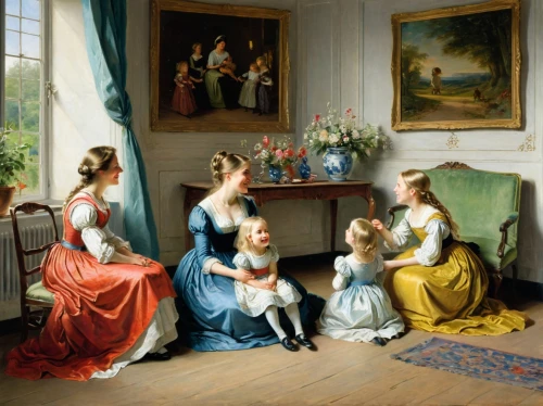 mother with children,bougereau,the little girl's room,the mother and children,franz winterhalter,parents with children,partiture,mother and children,children studying,young women,rococo,parents and children,paintings,19th century,children girls,mulberry family,the victorian era,children drawing,children's room,painting,Art,Classical Oil Painting,Classical Oil Painting 24