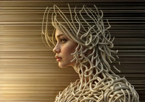 woman of straw,artificial hair integrations,woven,twine,sci fiction illustration,biomechanical,neural pathways,strands of wheat,sigourney weave,wicker,wireframe,woman sculpture,golden root,weaving,rapunzel,woman thinking,clothespins,sprint woman,wooden mannequin,macrame