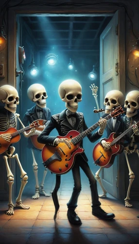 danse macabre,musicians,dance of death,orchestra,rock band,orchesta,music band,violinists,jazz guitarist,guitar player,day of the dead skeleton,vintage skeleton,symphony orchestra,skull racing,philharmonic orchestra,mariachi,skeletons,musical ensemble,big band,day of the dead,Illustration,Abstract Fantasy,Abstract Fantasy 06