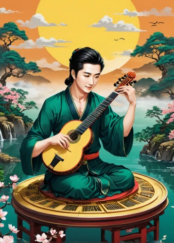 shamisen,traditional chinese musical instruments,classical guitar,traditional korean musical instruments,oriental painting,stringed instrument,bamboo flute,chinese art,traditional japanese musical instruments,string instrument,stringed bowed instrument,bowed string instrument,cavaquinho,xing yi quan,mandolin,erhu,traditional vietnamese musical instruments,taijiquan,t'ai chi ch'uan,plucked string instrument,Unique,Design,Sticker